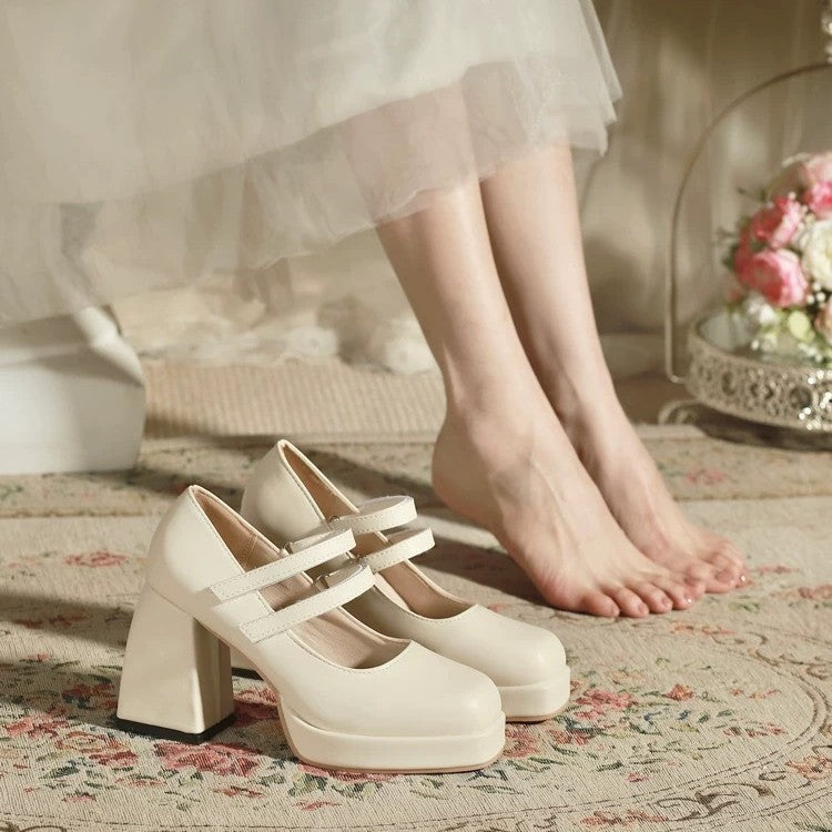 White Mary Jane Chunky Heel Wedding Shoes
