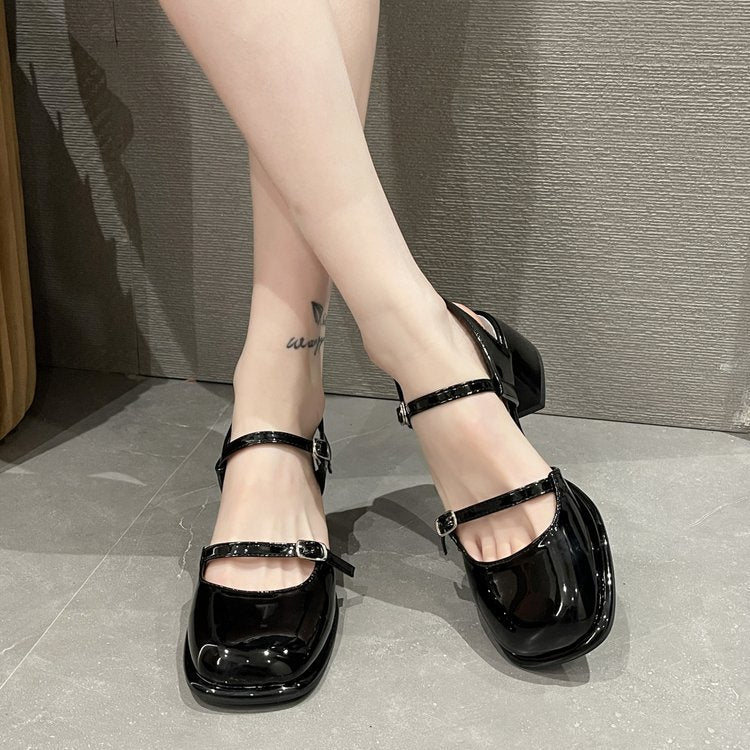 Fashion Mary Jane Shoes Women's Korean-style Thick Heel Toe Box Buckle Fashion High Heel Sandals Women