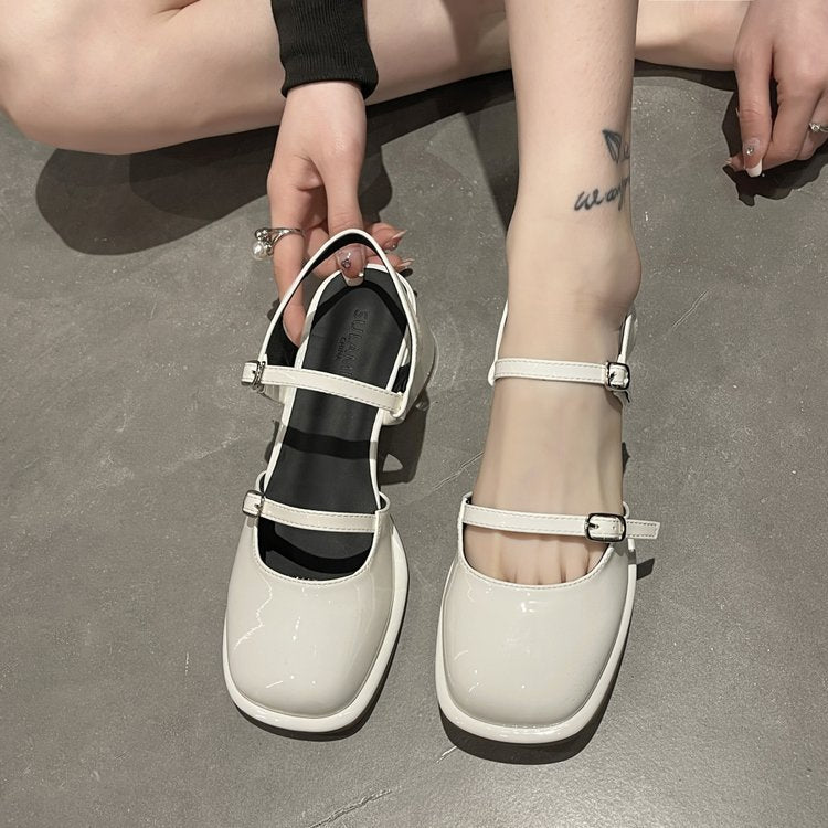 Fashion Mary Jane Shoes Women's Korean-style Thick Heel Toe Box Buckle Fashion High Heel Sandals Women