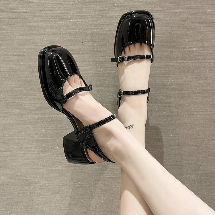 Fashion Mary Jane Shoes Women's Korean-style Thick Heel Toe Box Buckle Fashion High Heel Sandals Women